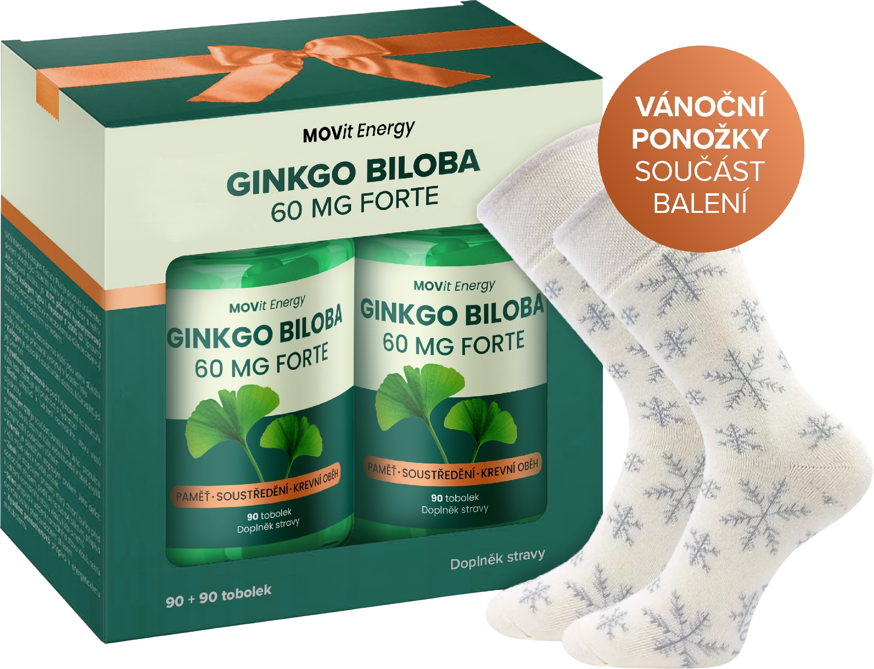 Dárkové balení Ginkgo Biloba 60 mg FORTE, 180 tobolek + Vánoční ponožky