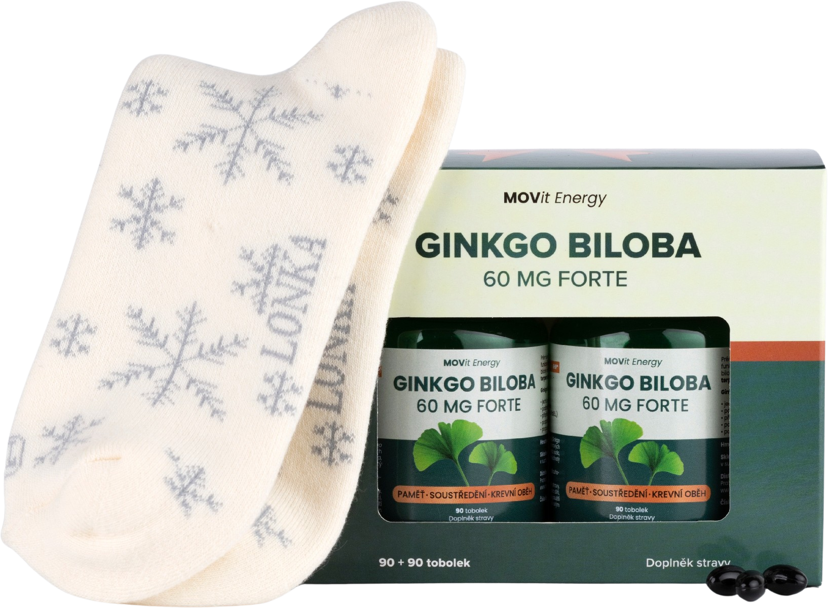 Dárkové balení Ginkgo Biloba 60 mg FORTE, 180 tobolek + Vánoční ponožky