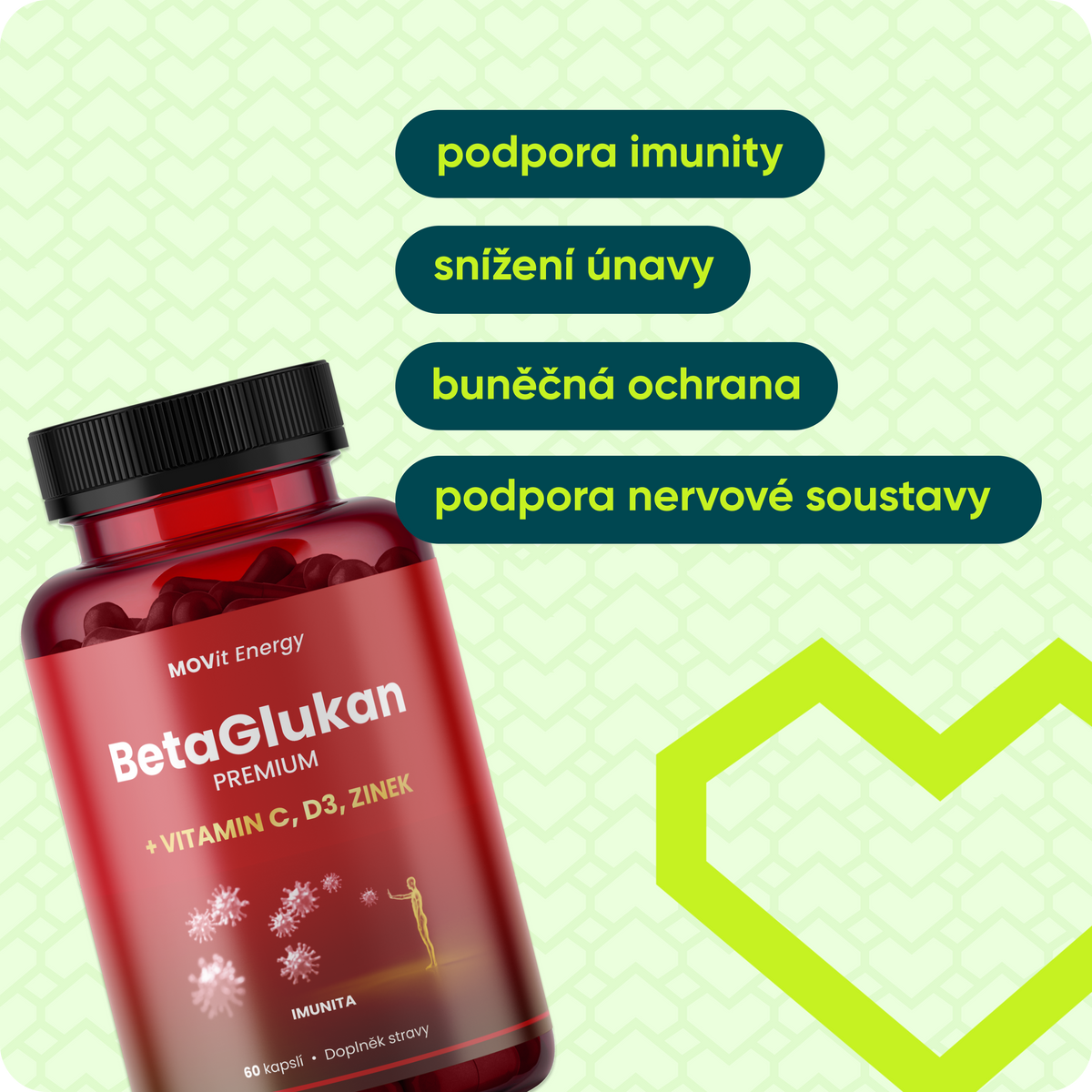 BetaGlukan 350 mg + Vitamin C, D3, Zinek PREMIUM, 60 kapslí