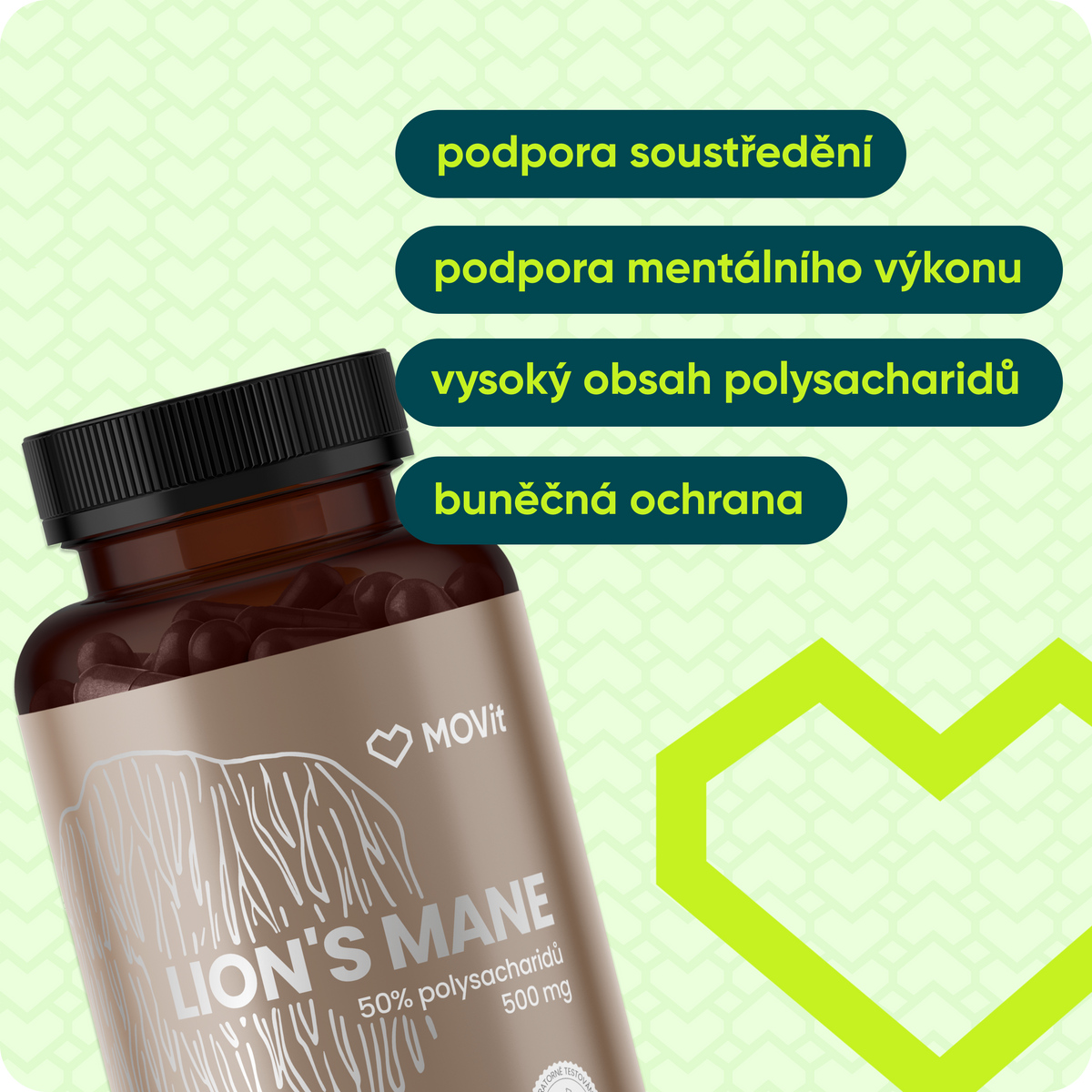 Hericium - Lion's mane 50% polysacharidů 500 mg, 90 kapslí