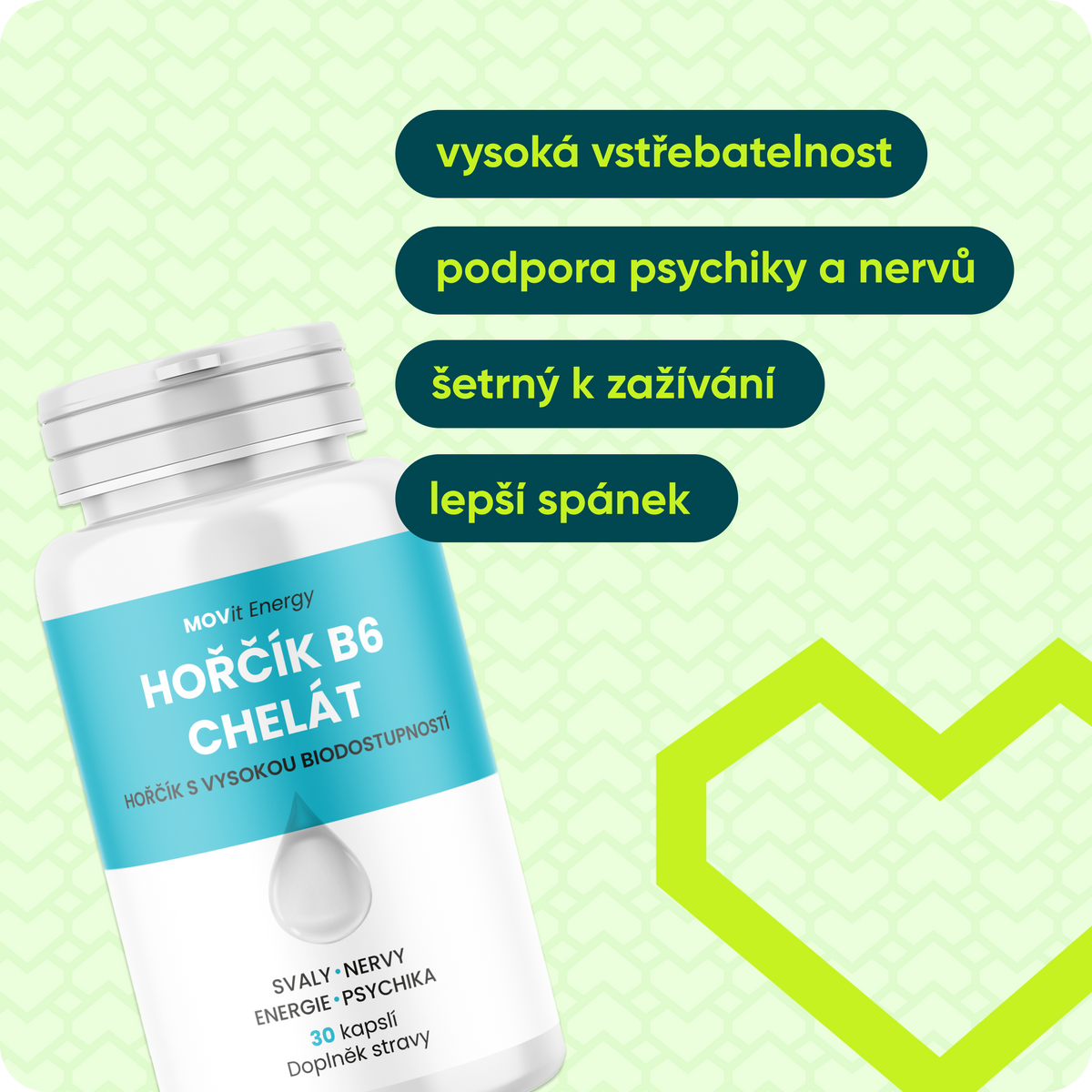 Hořčík B6 Chelát 100 mg, 30 veganských kapslí