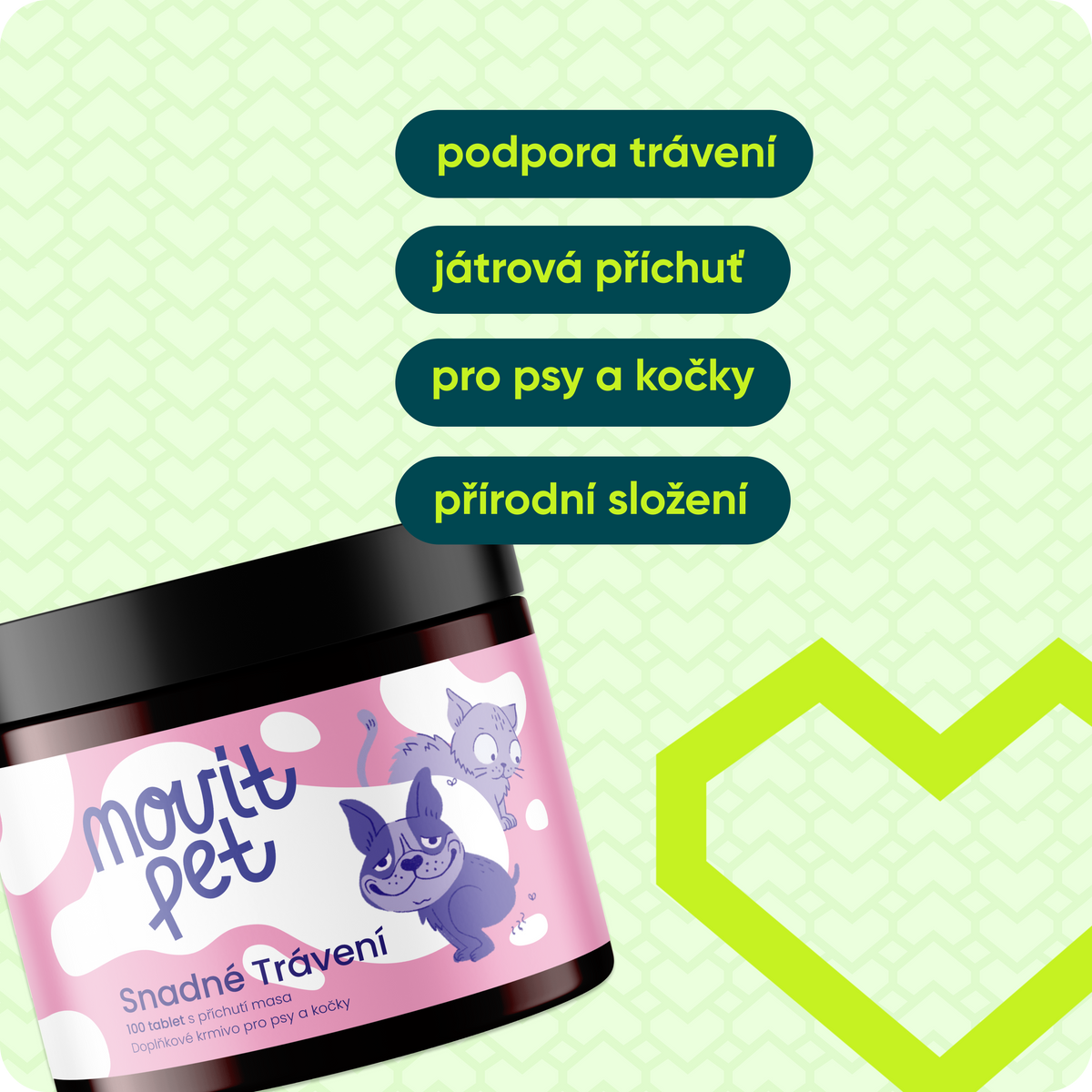 Snadné trávení pro psy a kočky, 100 tablet s příchutí masa