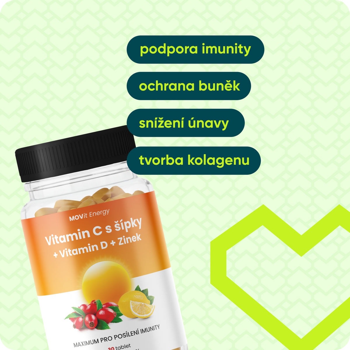Vitamín C 1200 mg s šípky + Vitamín D + Zinek PREMIUM, 30 tablet