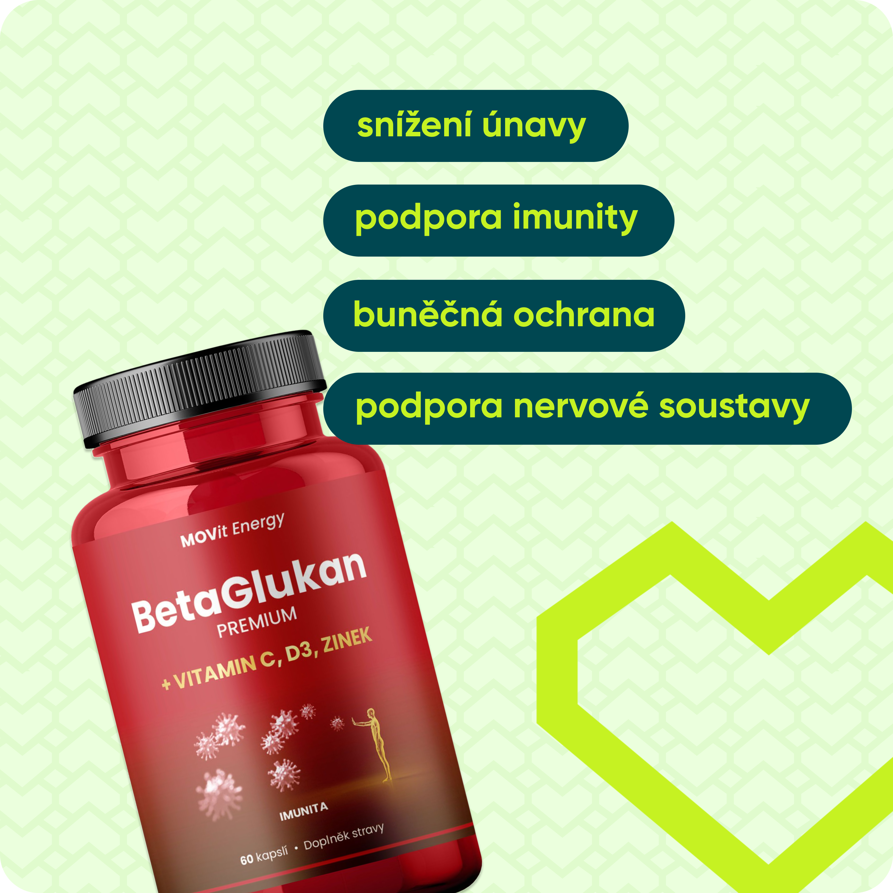 BetaGlukan 350 mg + Vitamin C, D3, Zinek PREMIUM, 60 kapslí