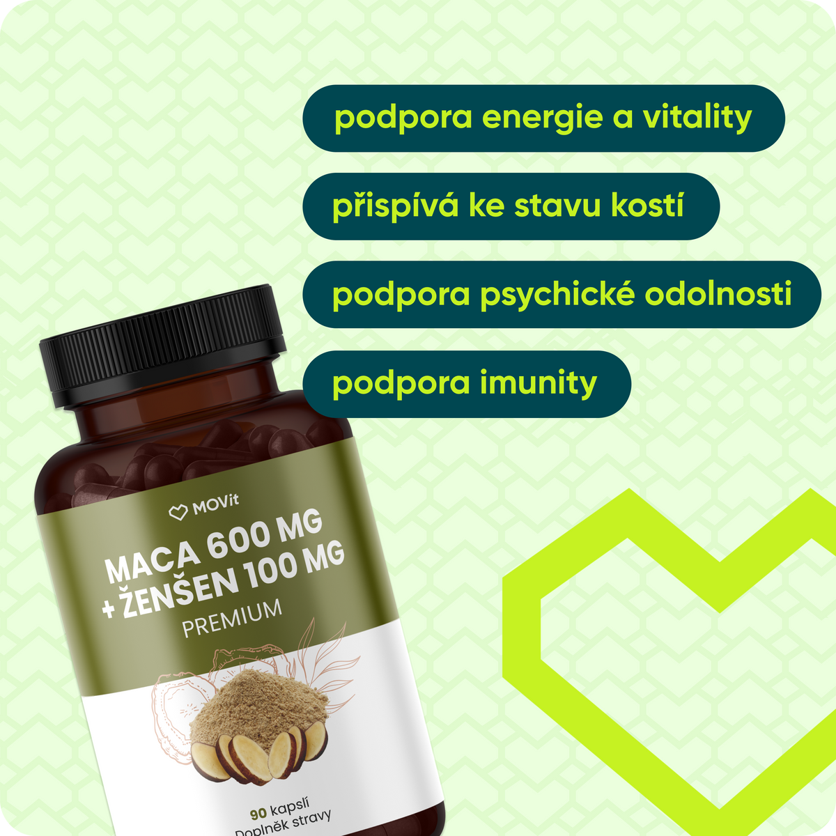 Maca 600 mg + Ženšen 100 mg, 90 kapslí