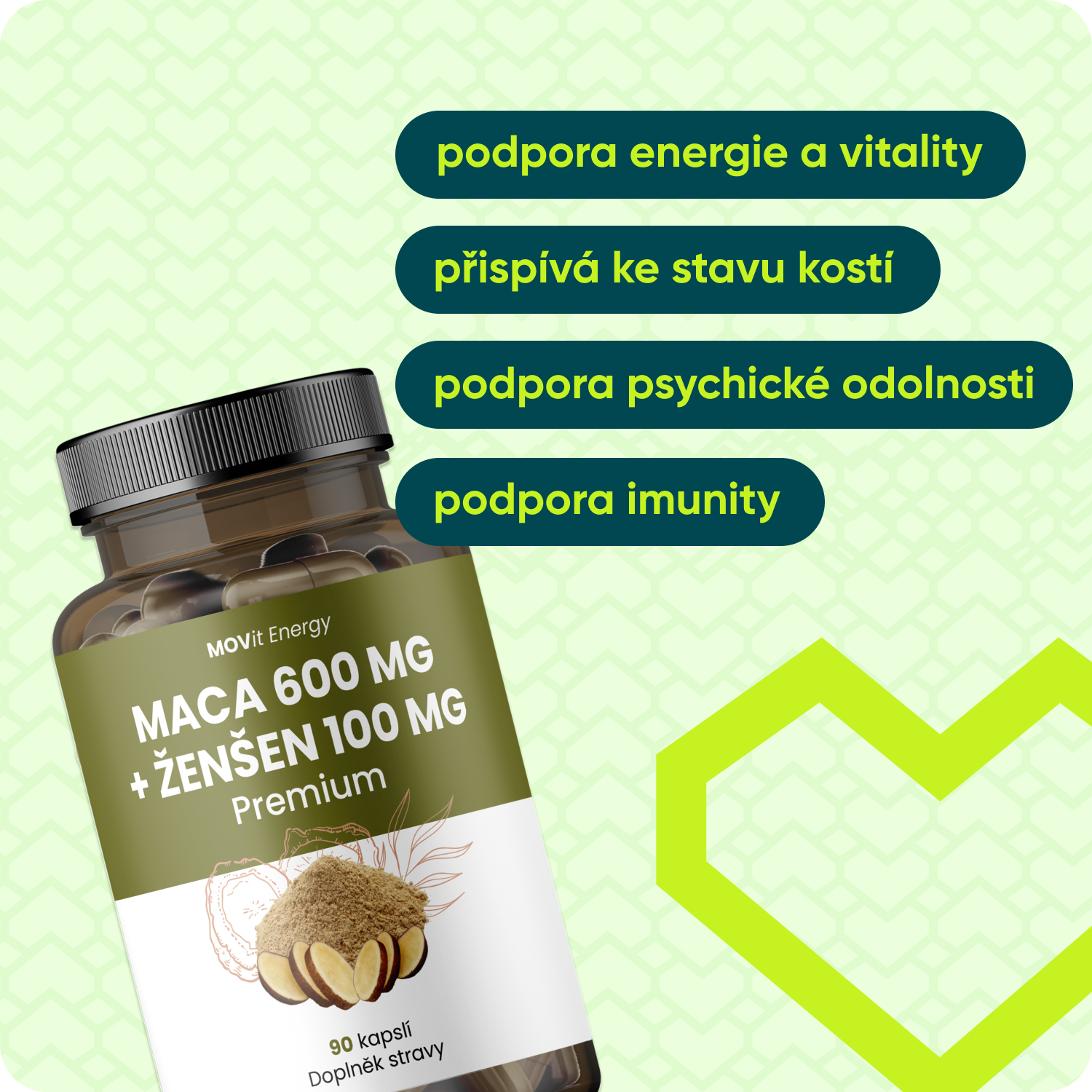 Maca 600 mg + Ženšen 100 mg, 90 kapslí
