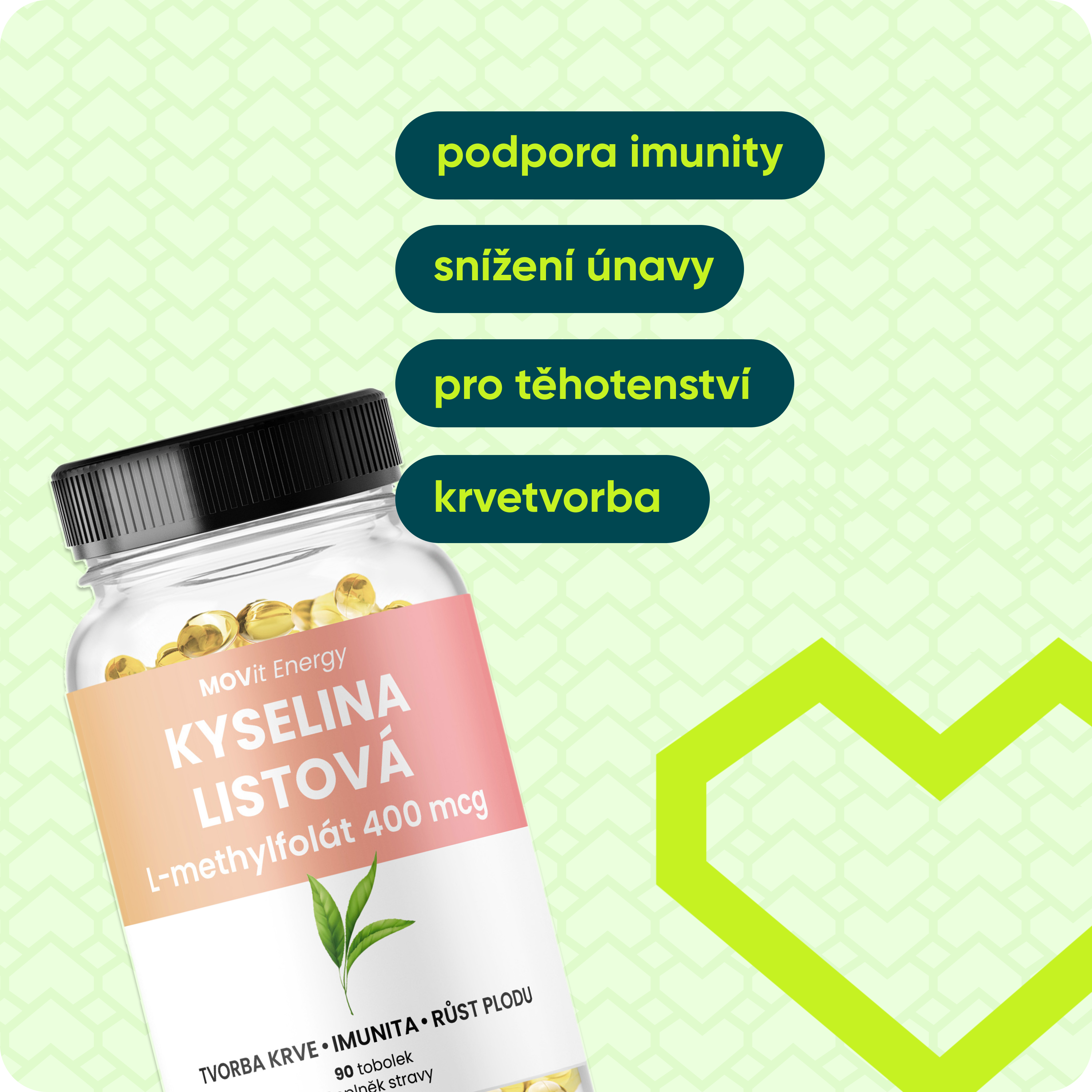 Kyselina Listová L-methylfolát 400 mcg, 90 tobolek