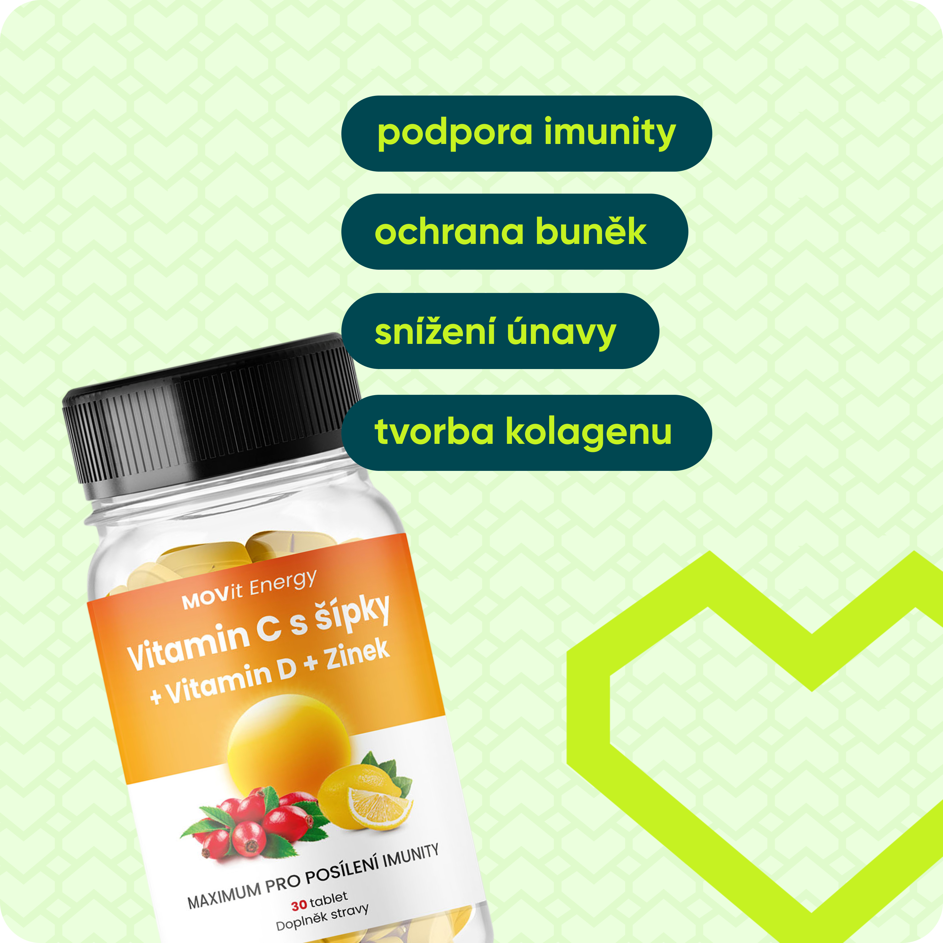 Vitamín C 1200 mg s šípky + Vitamín D + Zinek PREMIUM, 30 tablet