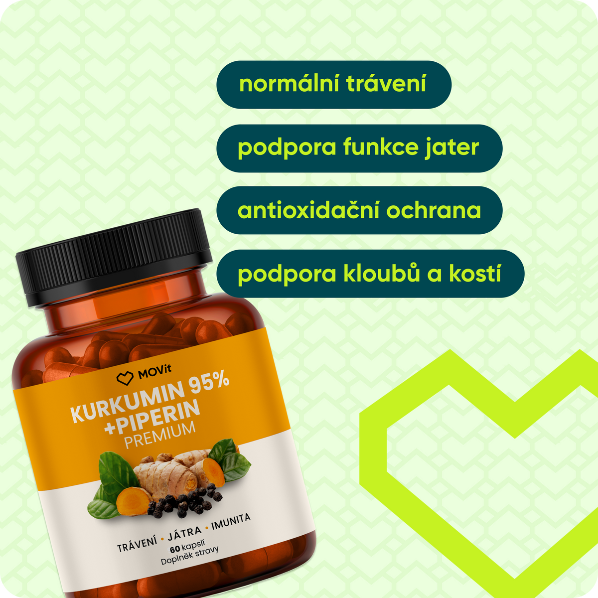 Kurkumin Extrakt 95 % + Piperin, 60 kapslí