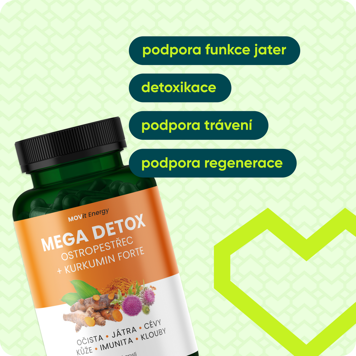 MEGA DETOX Ostropestřec + Kurkumin FORTE, 60 veganských kapslí