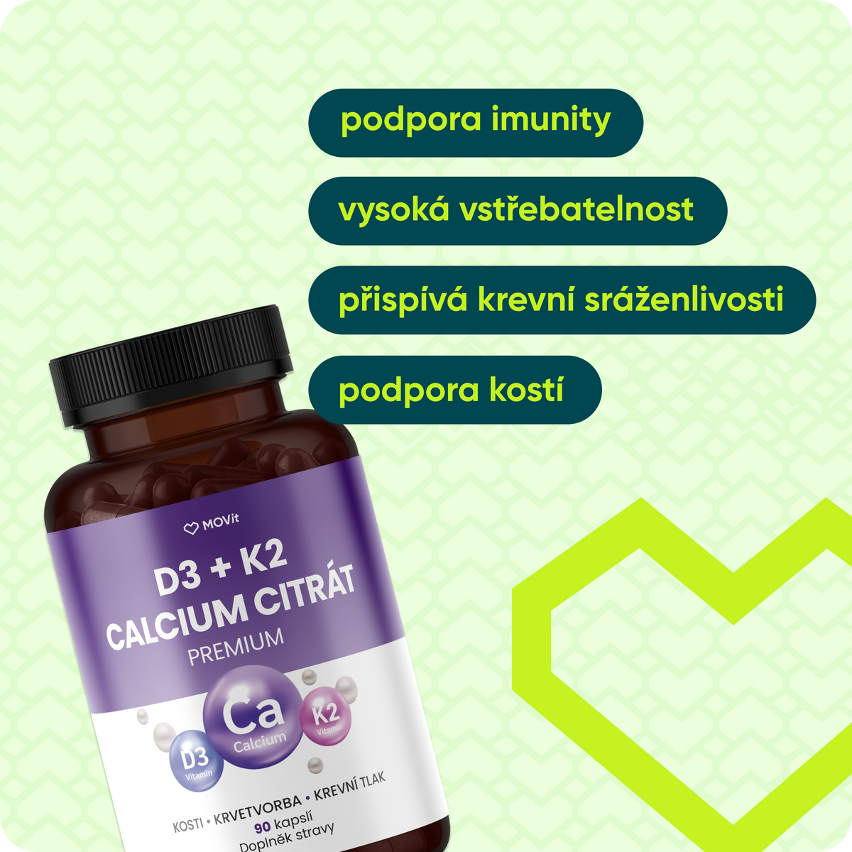 Vitamín D3 1000 IU + K2 75 mcg + Calcium Citrát, 90 kapslí
