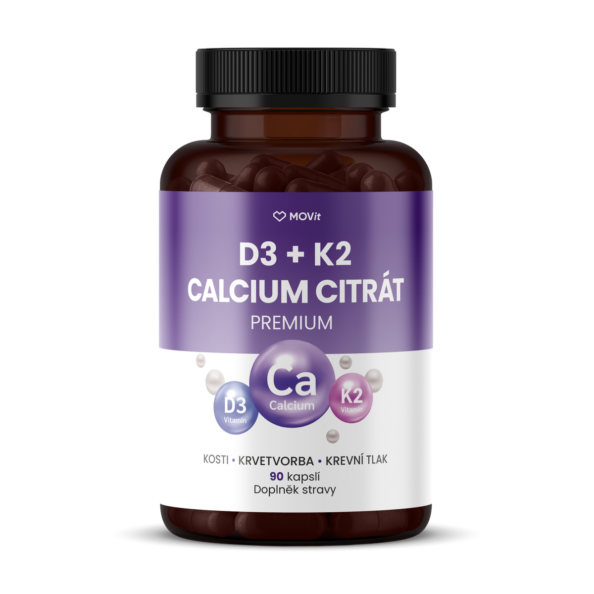 Vitamín D3 1000 IU + K2 75 mcg + Calcium Citrát, 90 kapslí