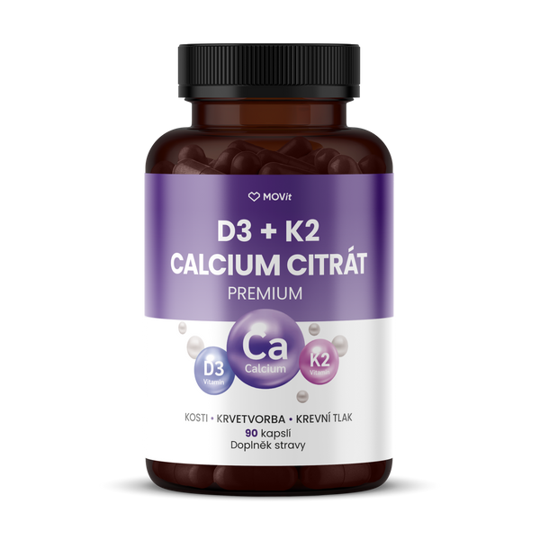 Vitamín D3 1000 IU + K2 75 mcg + Calcium Citrát, 90 kapslí