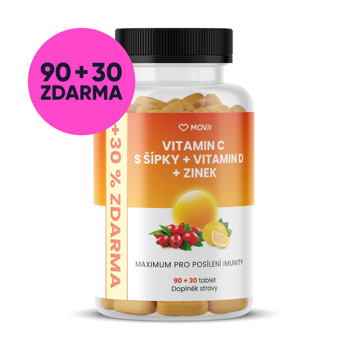 MOVit Energy Vitamín C 1200 mg s šípky + Vitamin D + Zinek PREMIUM, 90+30 tablet