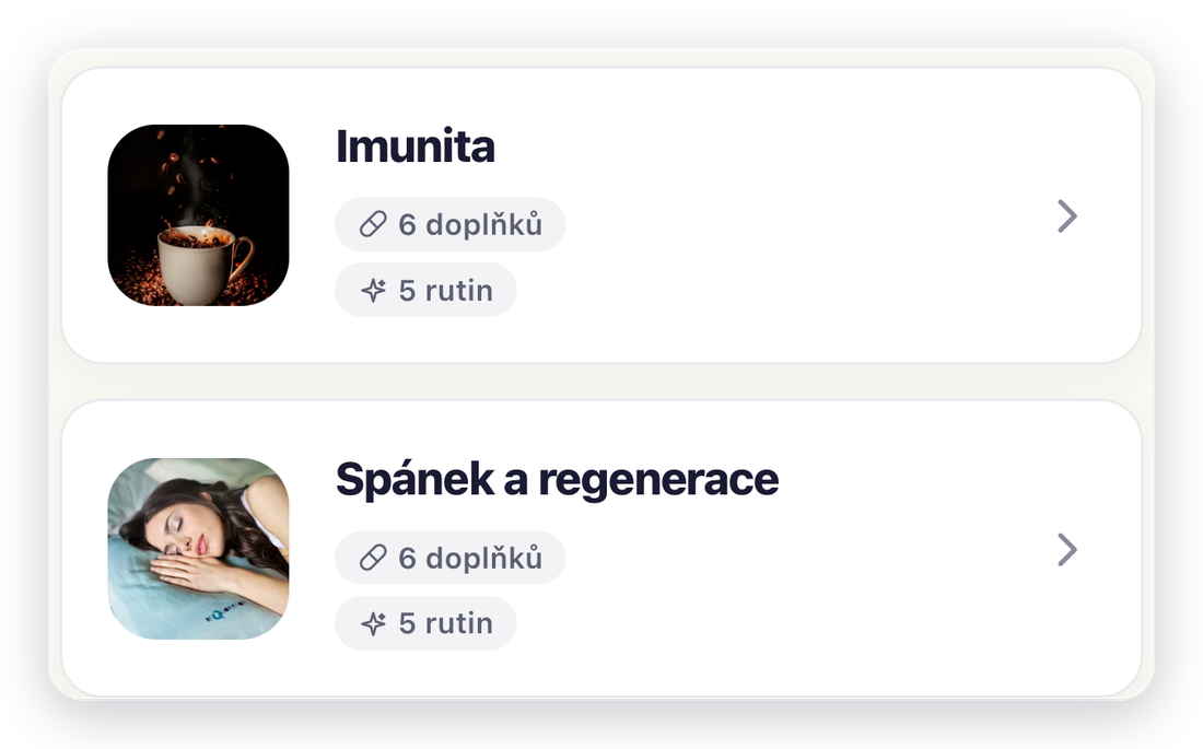 Seznam cílů v aplikaci s počtem doplňků a rutin