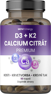 Vitamín D3 1000 IU + K2 75 mcg + Calcium Citrát, 90 kapslí