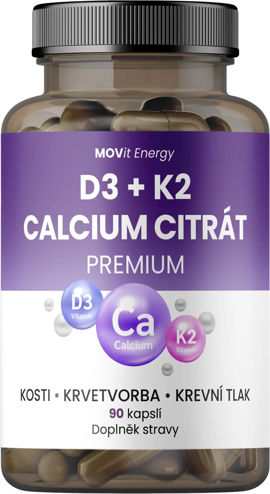 Vitamín D3 1000 IU + K2 75 mcg + Calcium Citrát, 90 kapslí